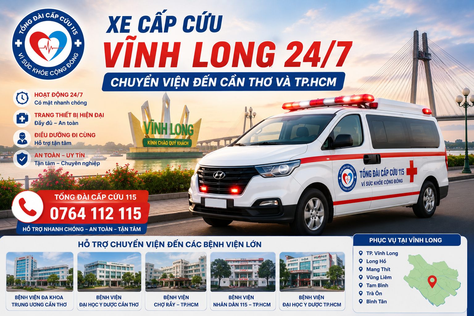 Xe Cấp Cứu Vĩnh Long 24/7 – Chuyển Viện Đến Cần Thơ Và TP.HCM An Toàn