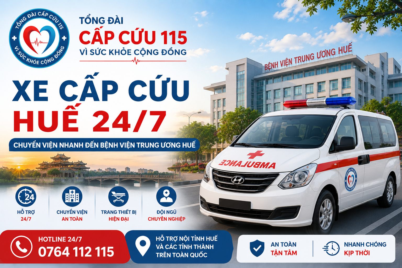 Xe cấp cứu Huế hỗ trợ chuyển viện đến Bệnh viện Trung ương Huế 24/7