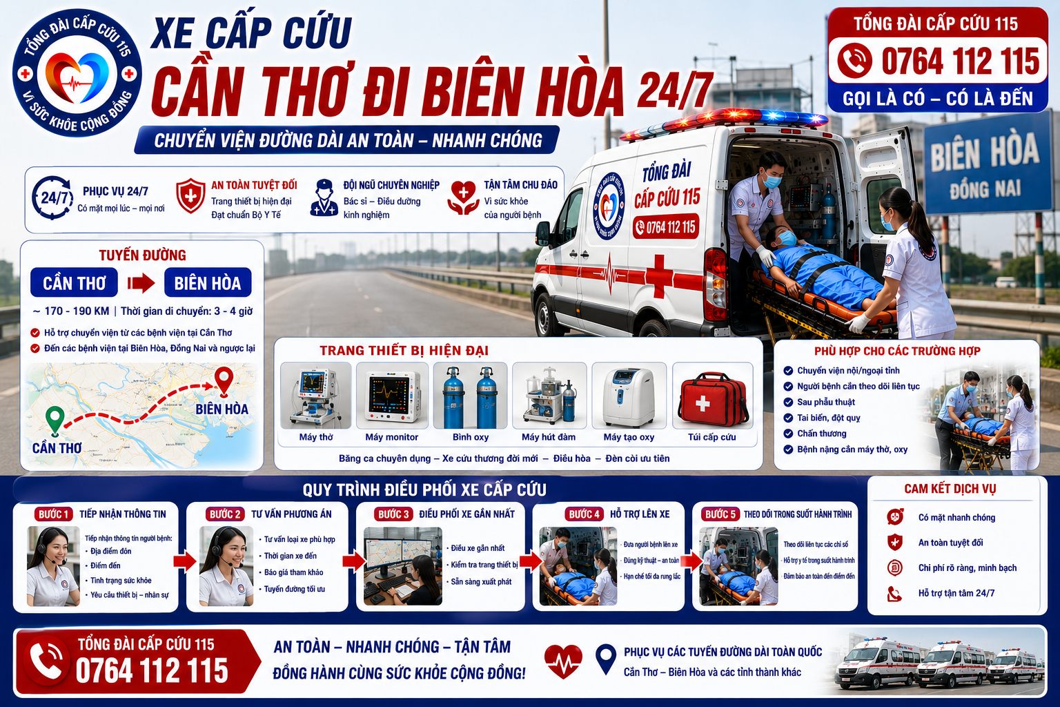 Xe Cấp Cứu Cần Thơ Đi Biên Hòa 24/7 | Chuyển Viện An Toàn, Có Điều Dưỡng Theo Xe