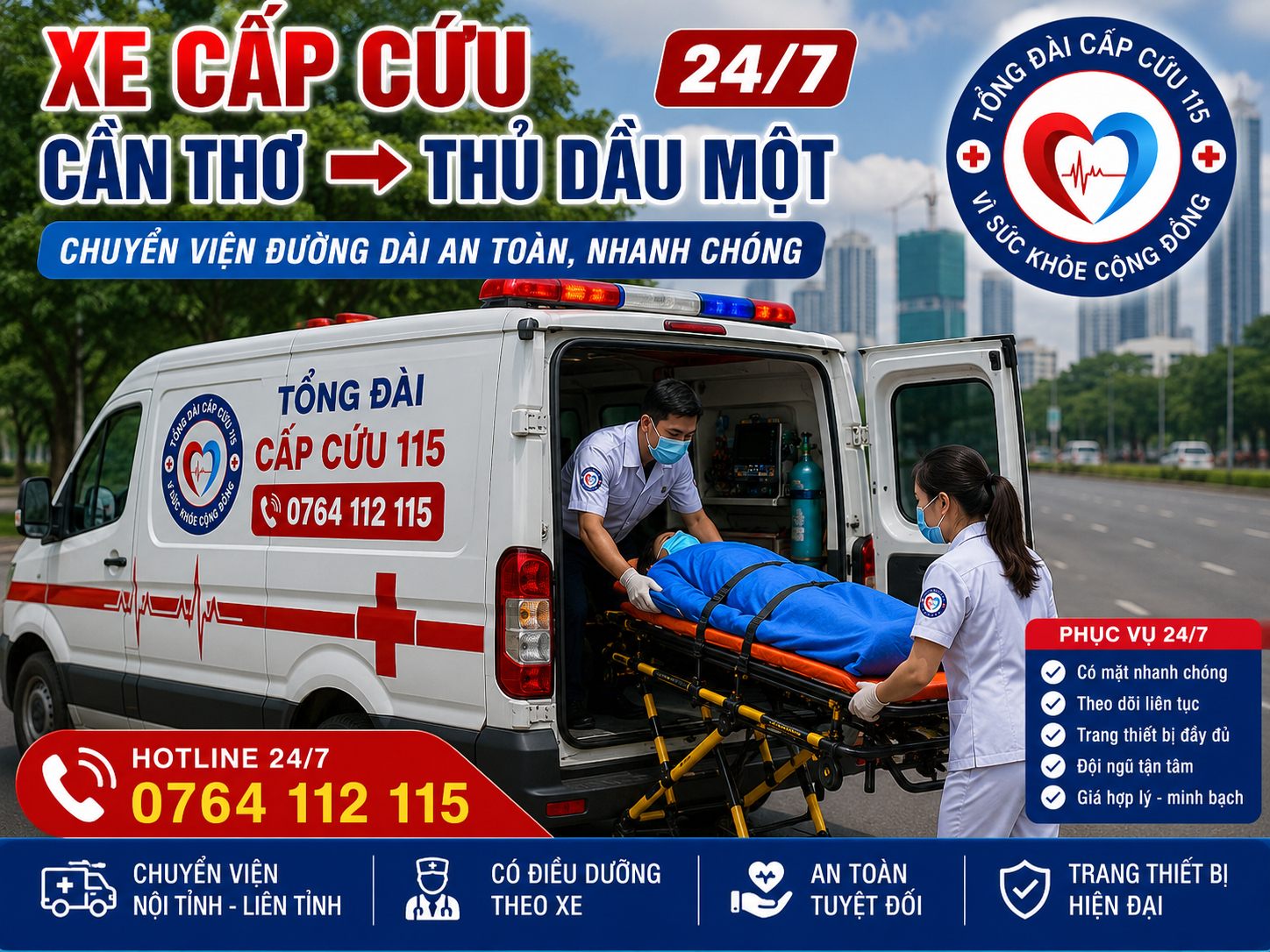 Xe Cấp Cứu Cần Thơ Đi Thủ Dầu Một 24/7 | Chuyển Viện An Toàn, Có Điều Dưỡng Theo Xe