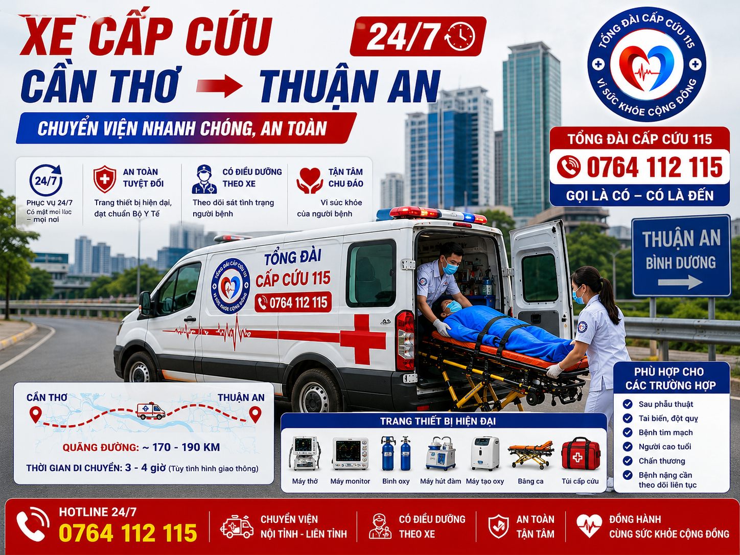 Xe Cấp Cứu Cần Thơ Đi Thuận An 24/7 | Chuyển Viện Đường Dài An Toàn, Có Điều Dưỡng Theo Xe