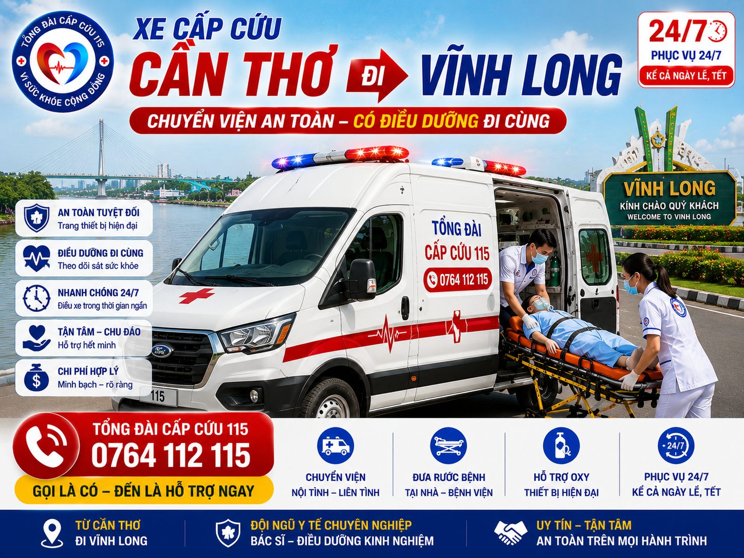 Xe Cấp Cứu Cần Thơ Đi Vĩnh Long 24/7 Giá Hợp Lý