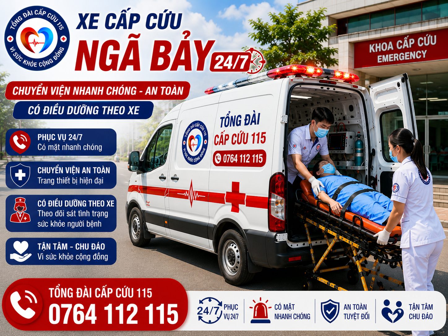 Xe Cấp Cứu Ngã Bảy 24/7 | Chuyển Viện Nhanh Chóng, An Toàn, Có Điều Dưỡng Theo Xe