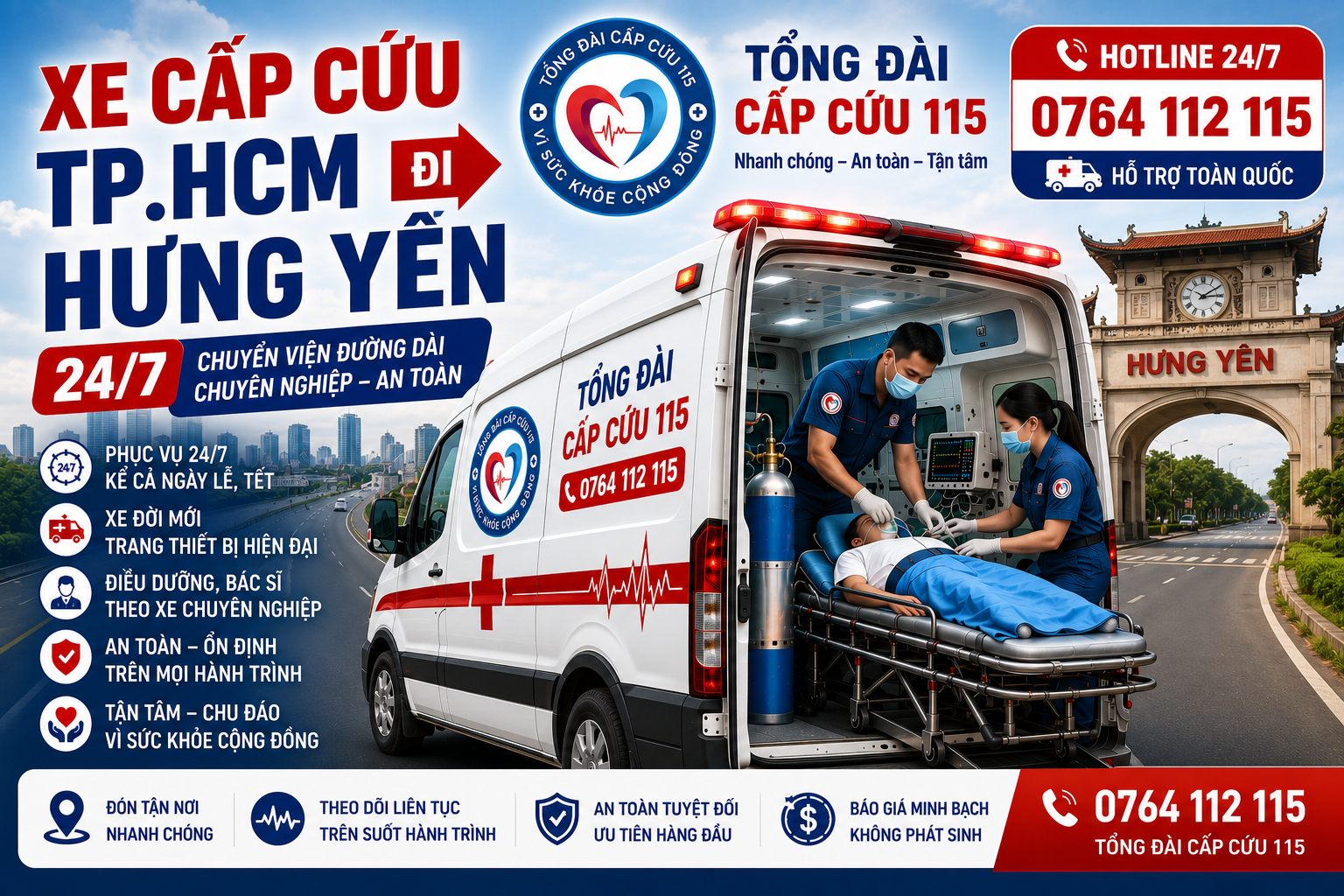 Xe Cấp Cứu TP.HCM Đi Hưng Yên 24/7 | Chuyển Viện Đường Dài An Toàn
