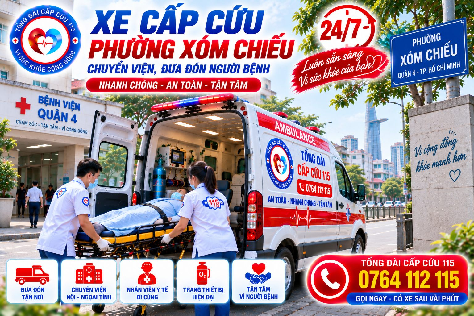 Xe Cấp Cứu Phường Xóm Chiếu 24/7 – Chuyển Viện, Đưa Đón Người Bệnh